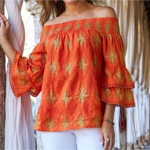 Boston Proper Metallic Off The Shoulder Tiered Sleeve Blouse Sz: Med